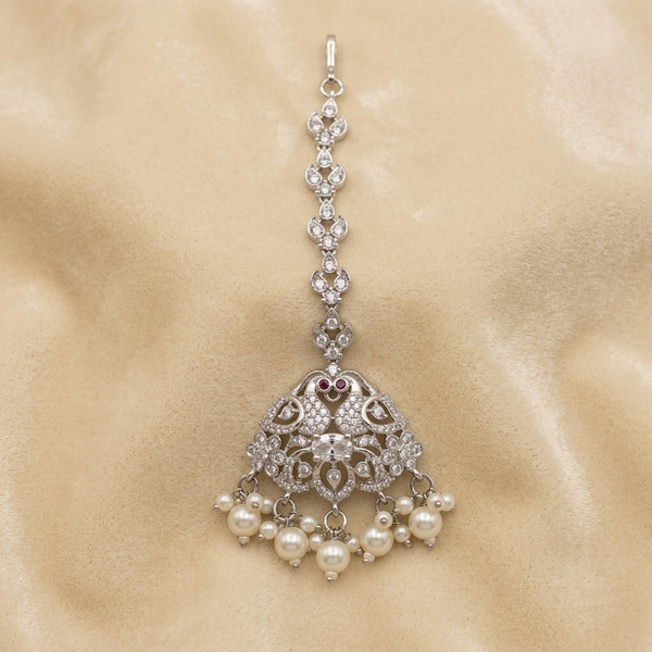 Crystal Peacock Maang Tikka with Pearl Drops