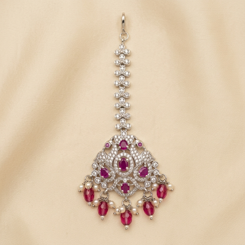 Elegant Crystal Maang Tikka with Ruby & Pearl Drops