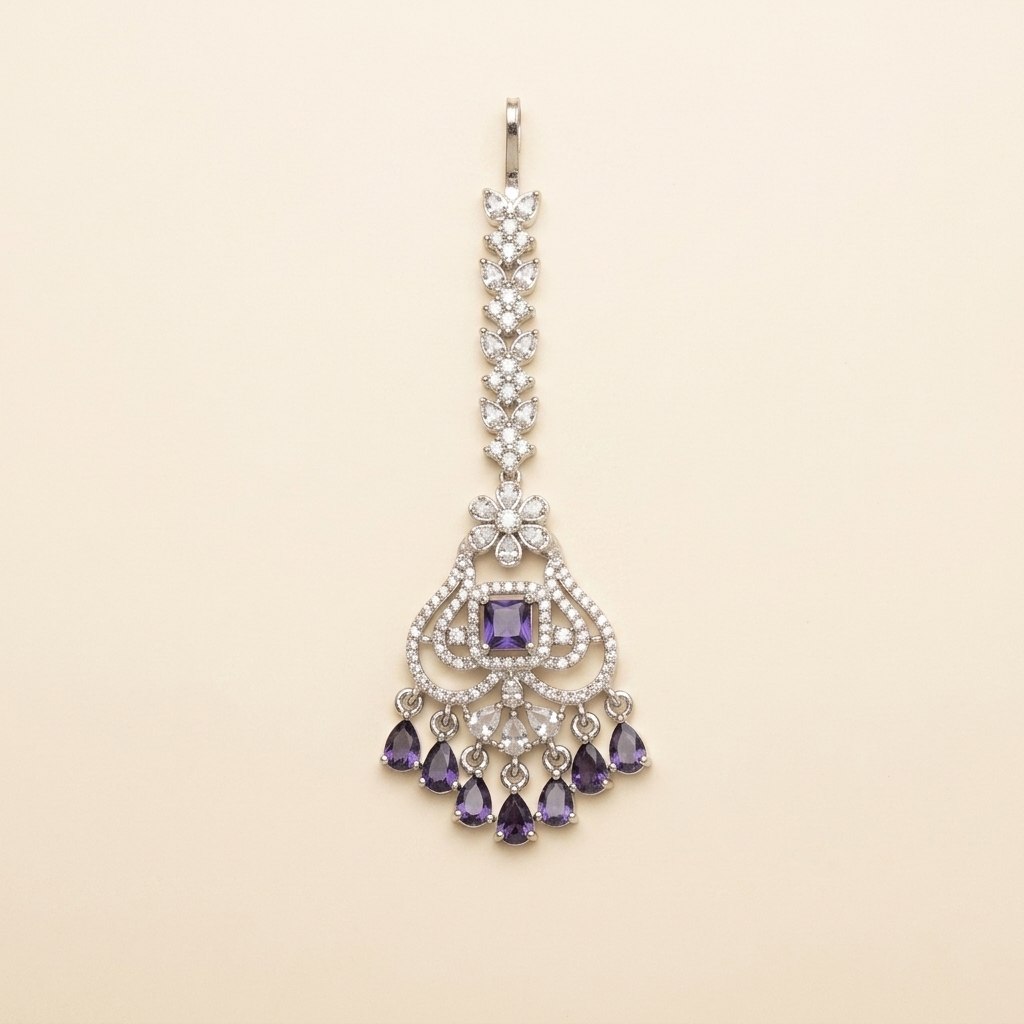 Floral Crystal Maang Tikka with Amethyst Teardrops