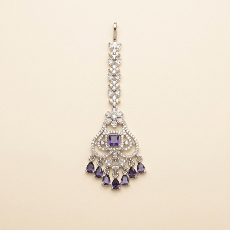 Floral Crystal Maang Tikka with Amethyst Teardrops