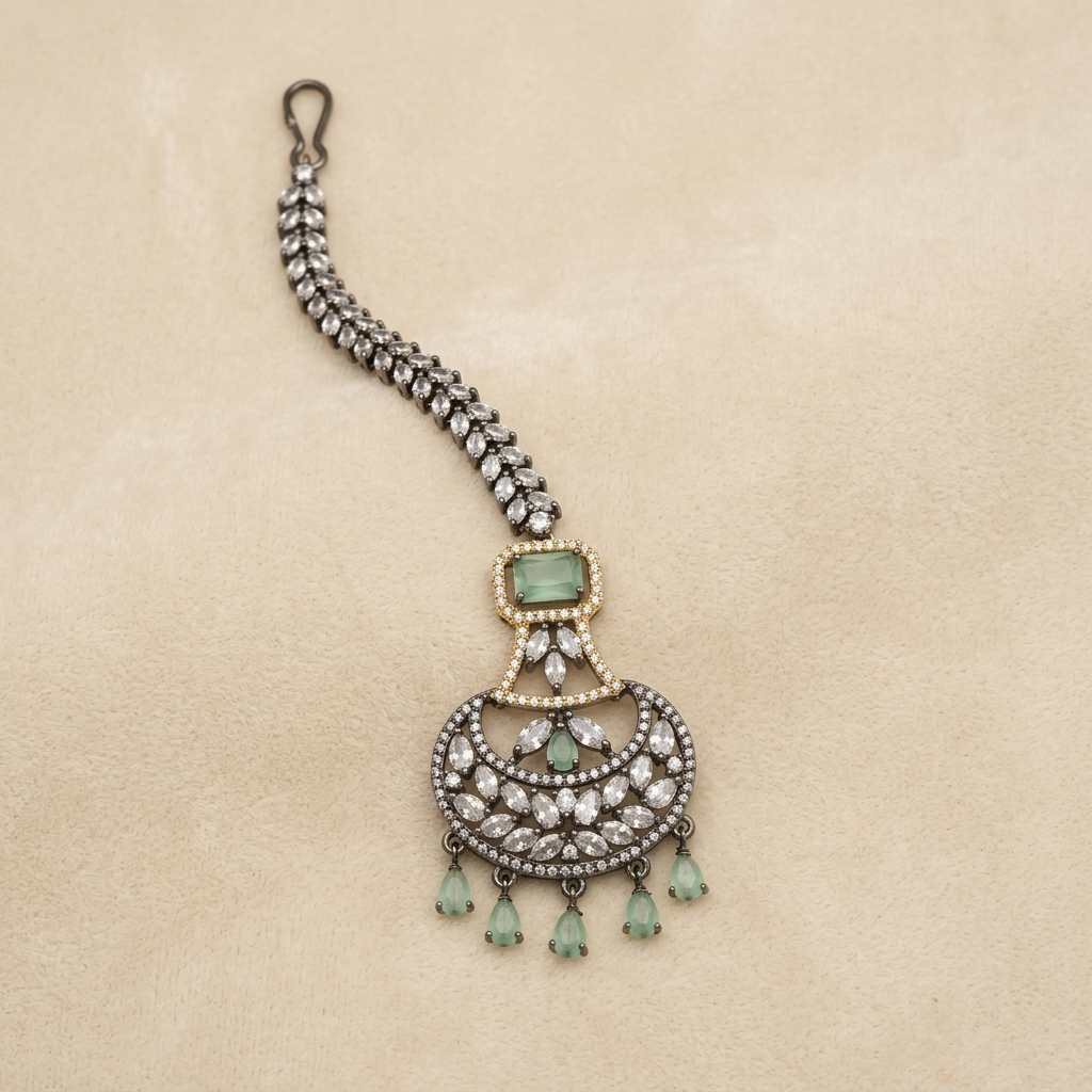 Crystal Crescent Maang Tikka with Green Drop Stones