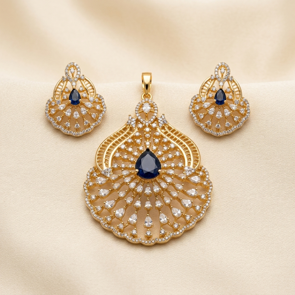 Premium Blue Teardrop Crystal Fan Filigree Pendant Set