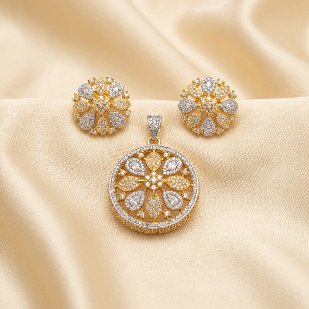 Luxurious Dual-Tone Floral Crystal Medallion Pendant Set