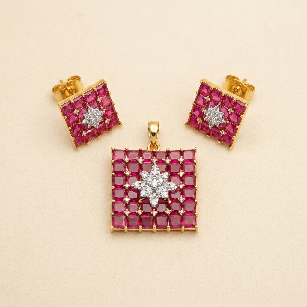 Premium Square Magenta Crystal Starburst Pendant Set