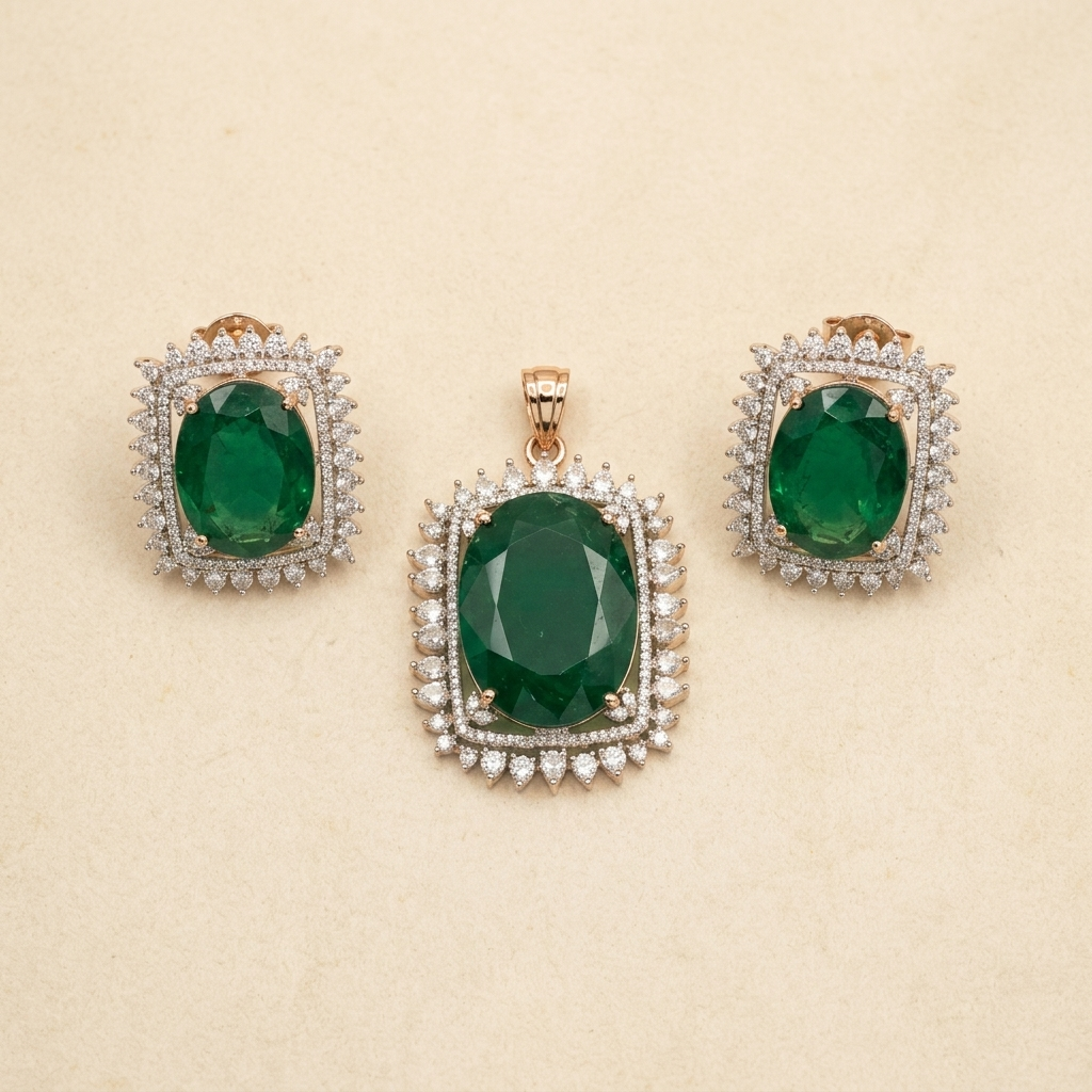 Luxurious Green Oval Crystal Double Halo Pendant Set