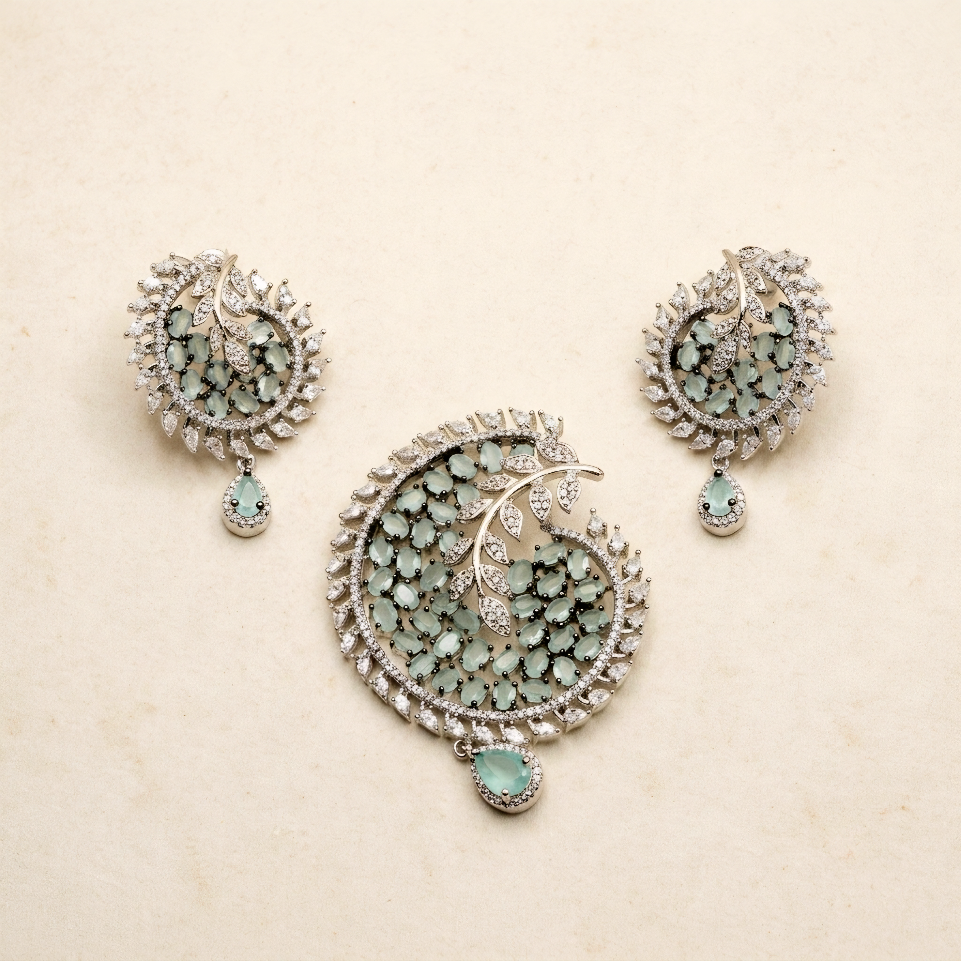 Elegant Mint Crystal Botanical Paisley Pendant Set