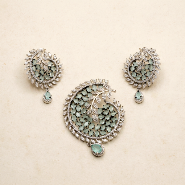 Elegant Mint Crystal Botanical Paisley Pendant Set