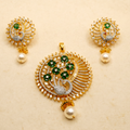 Luxurious Peacock Crystal & Pearl Drop Pendant Set