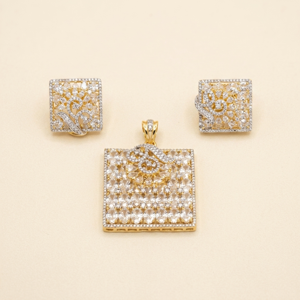 Luxurious Geometric Square Crystal Swirl Pendant Set