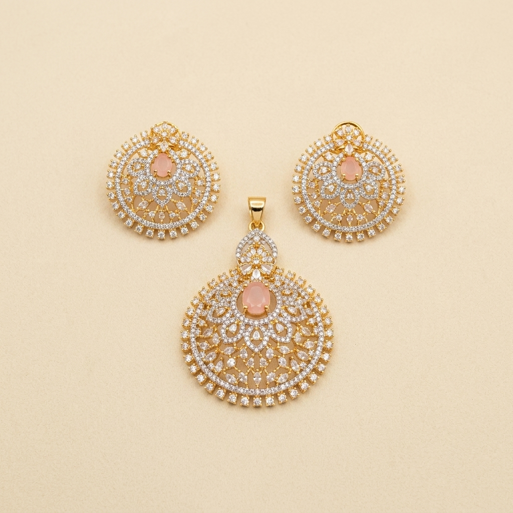 Luxurious Pink Crystal Sunburst Mandala Pendant Set