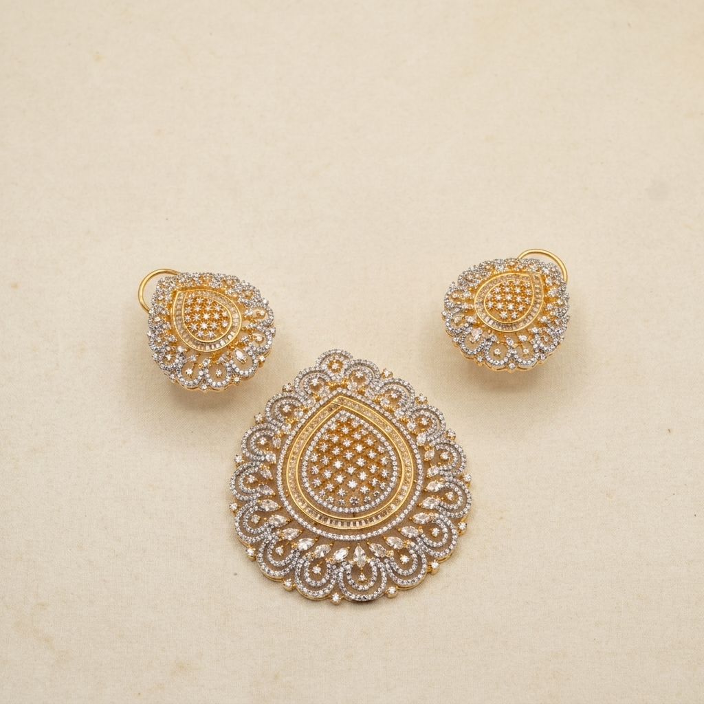 Premium Scalloped Lace Teardrop Crystal Pendant Set