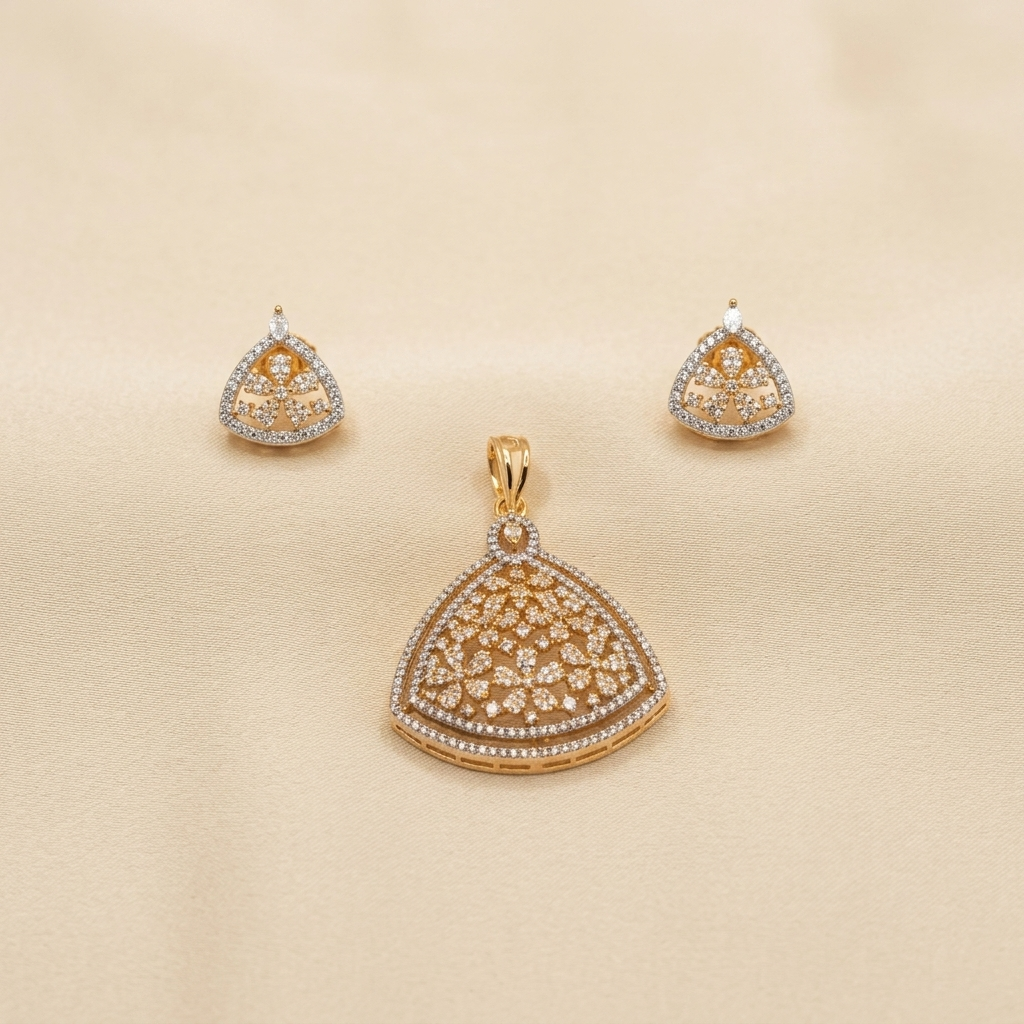 Premium Crystal Floral Filigree Triangle Pendant Set