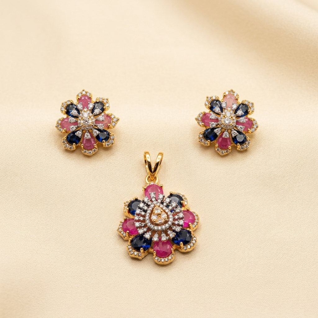 Vibrant Blue & Pink Teardrop Crystal Floral Pendant Set