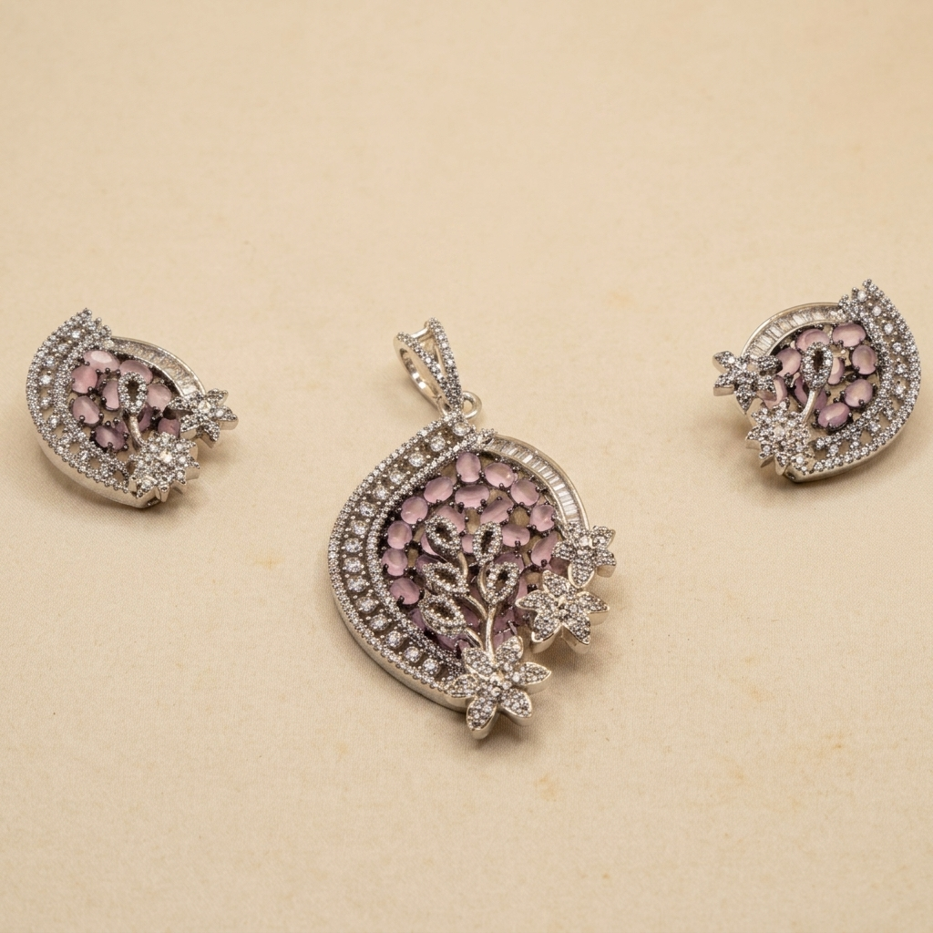 Elegant Pink Crystal Floral Baguette Pendant Set