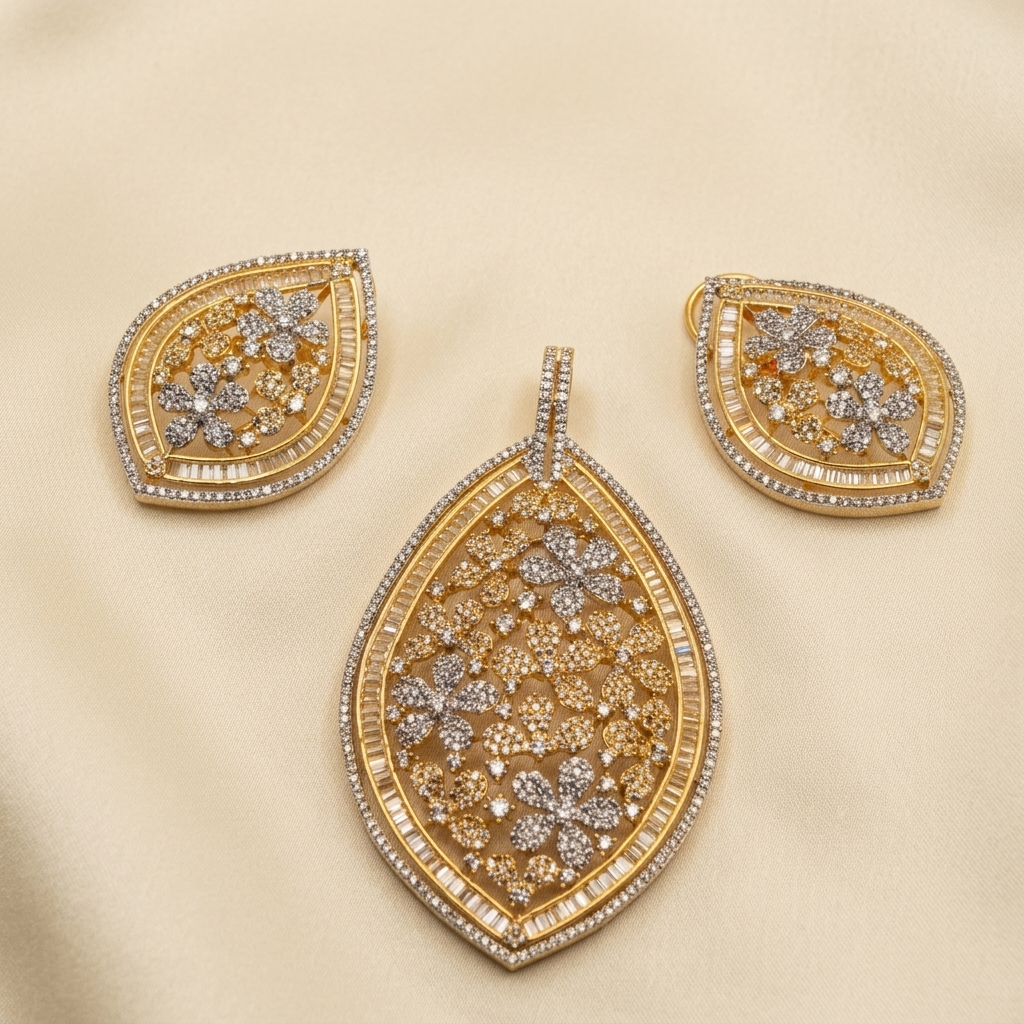 Luxurious Floral Marquise Crystal Pendant & Earring Set