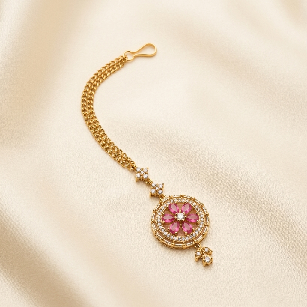 Elegant Pink Floral Crystal Halo Forehead Jewelry
