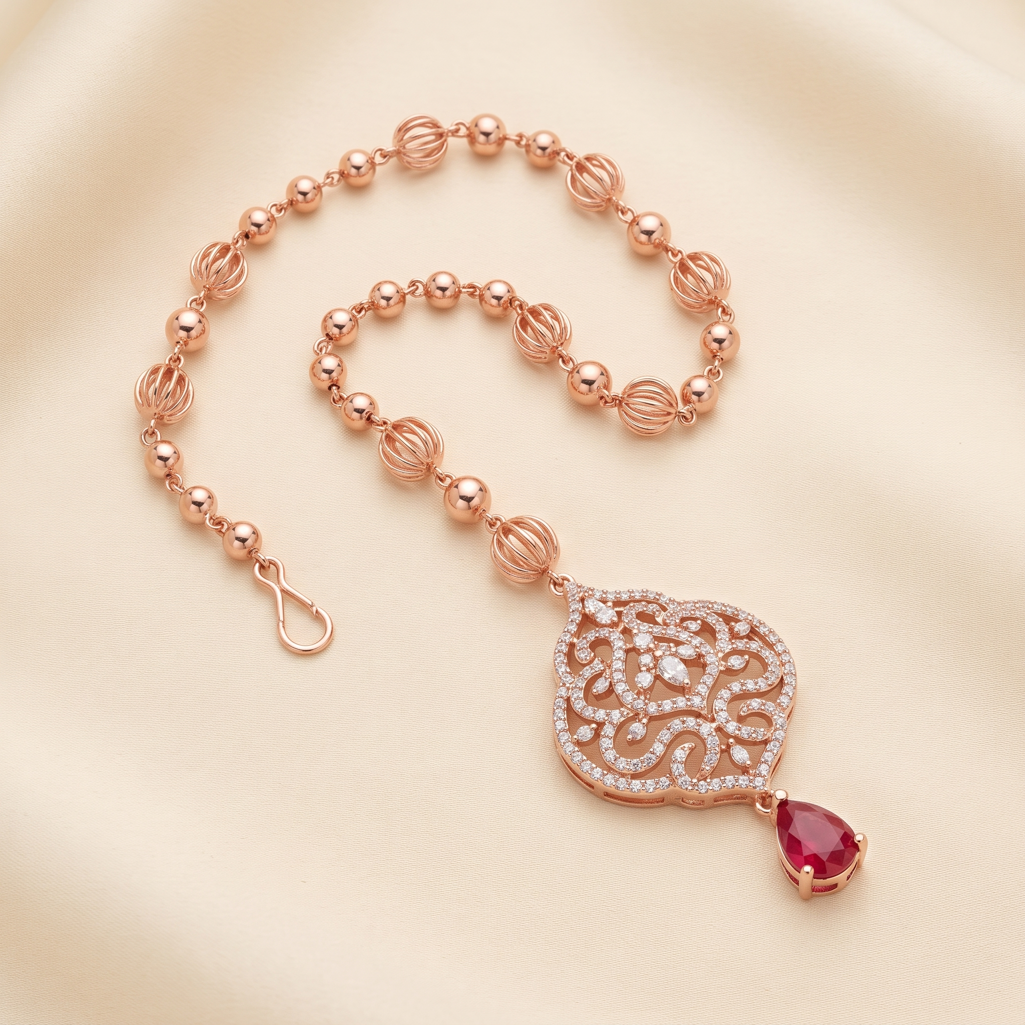 Rose-Tone Filigree & Red Teardrop Headpiece