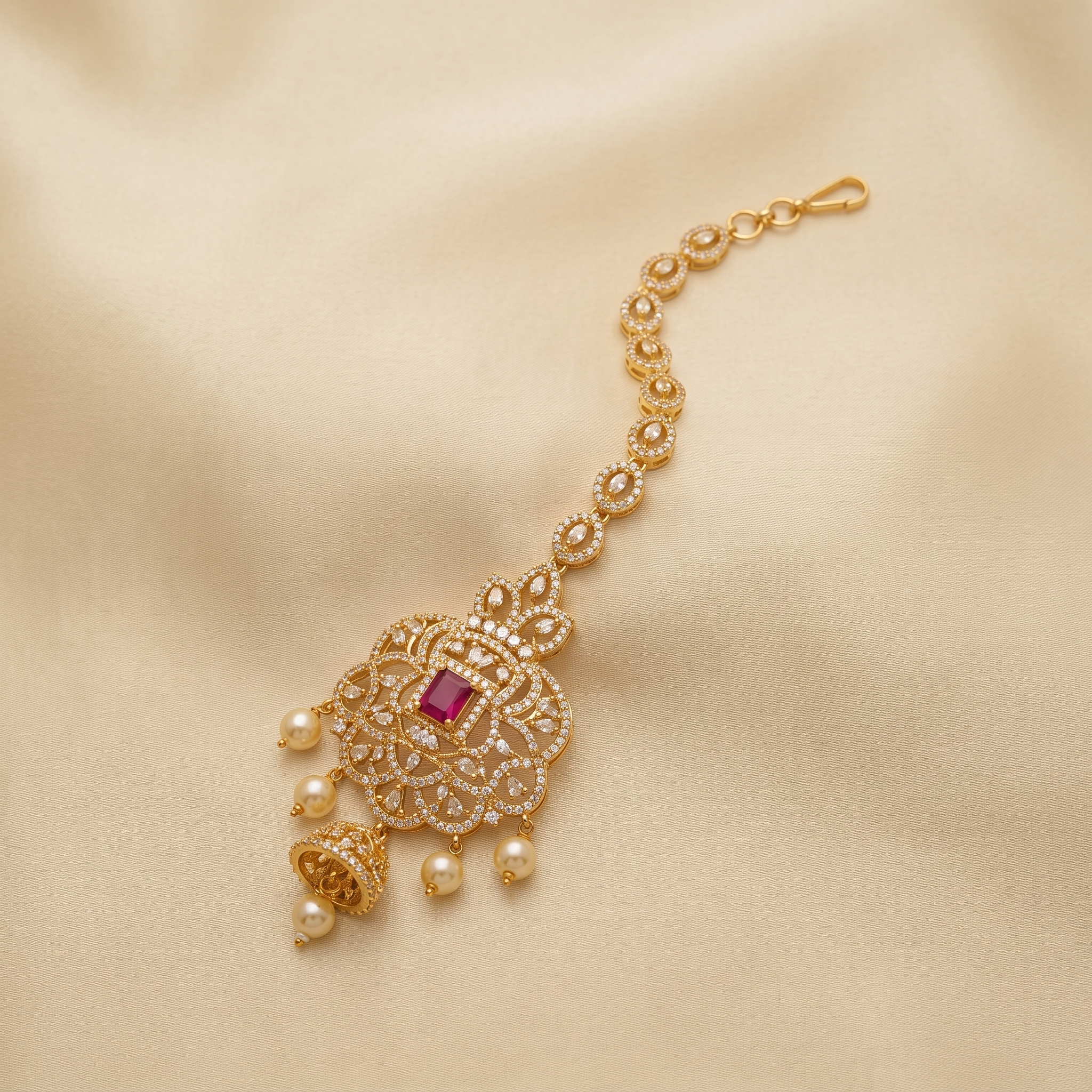 Ornate Magenta Crystal & Pearl Drop Forehead Piece