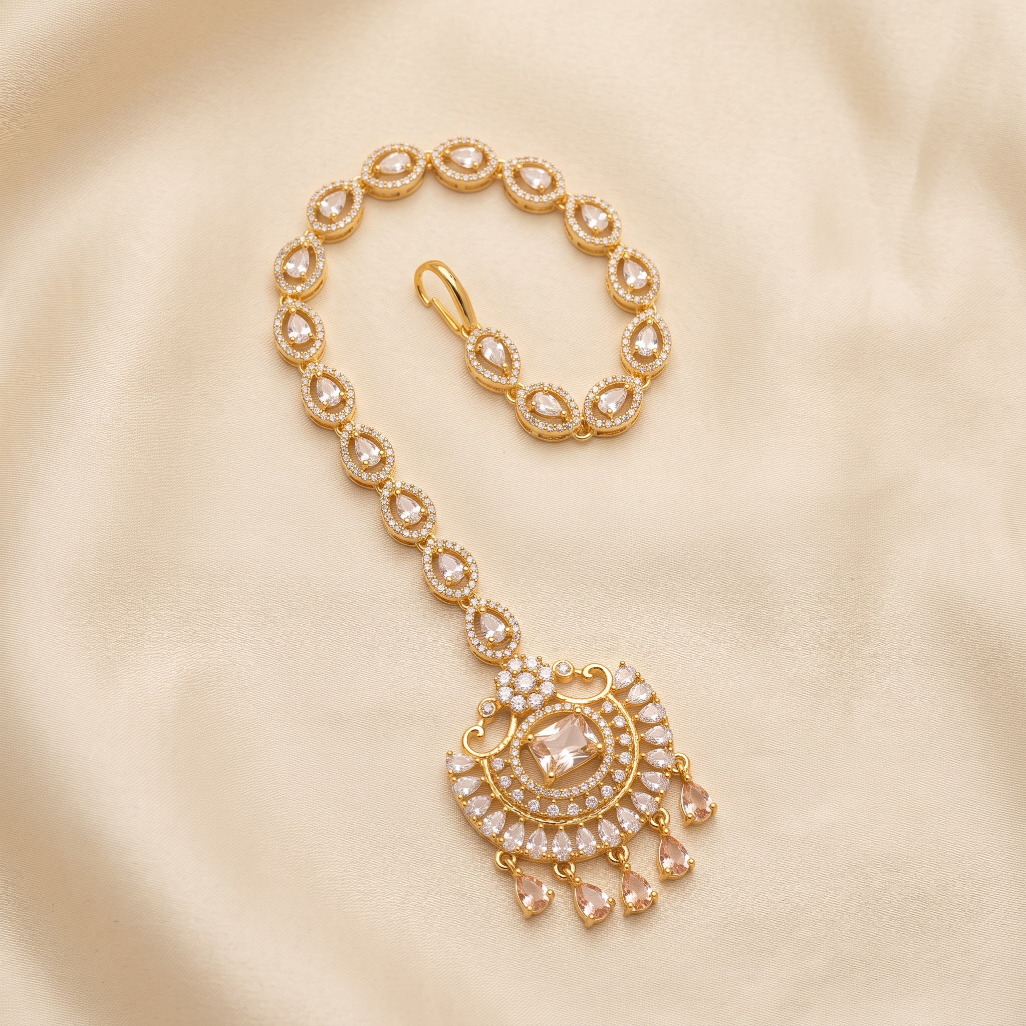 Peach Crystal Crescent Pendant with Teardrop Chain