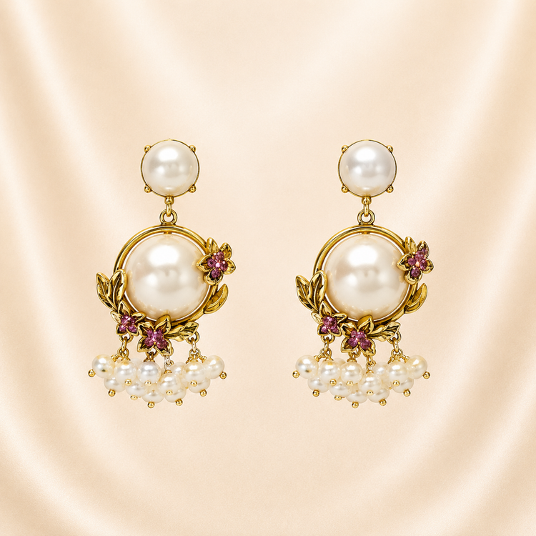 Elegant Pearl Drop Earrings with Pink Floral Accents