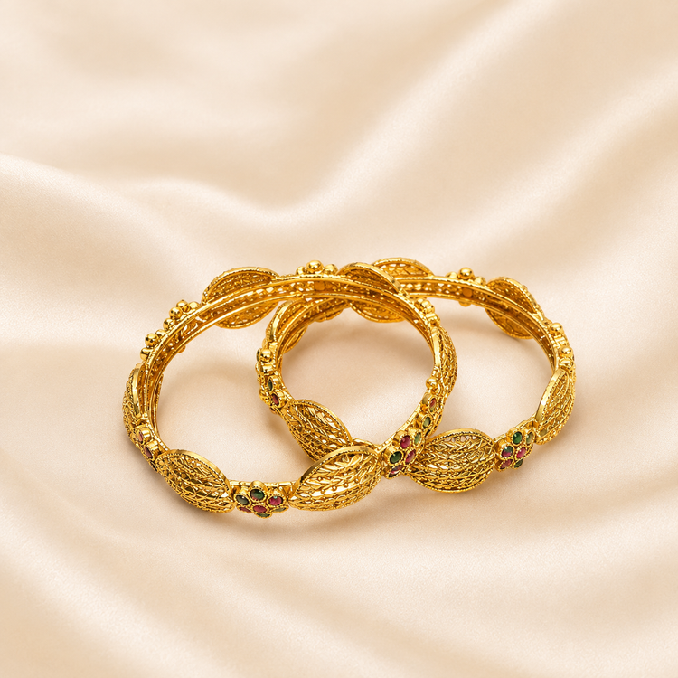 Traditional Leaf Motif Filigree Bangles with Ruby &amp; Emerald Accents (Set of 2)