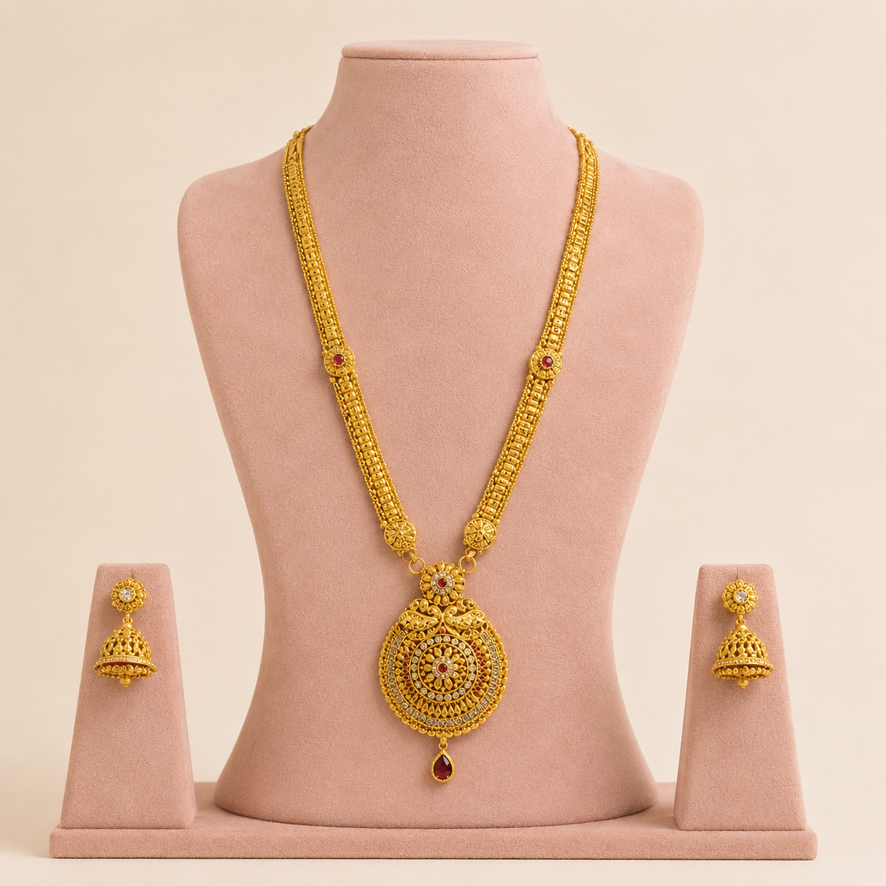 Traditional Ruby-Red Accented Long Necklace &amp; Jhumka Set