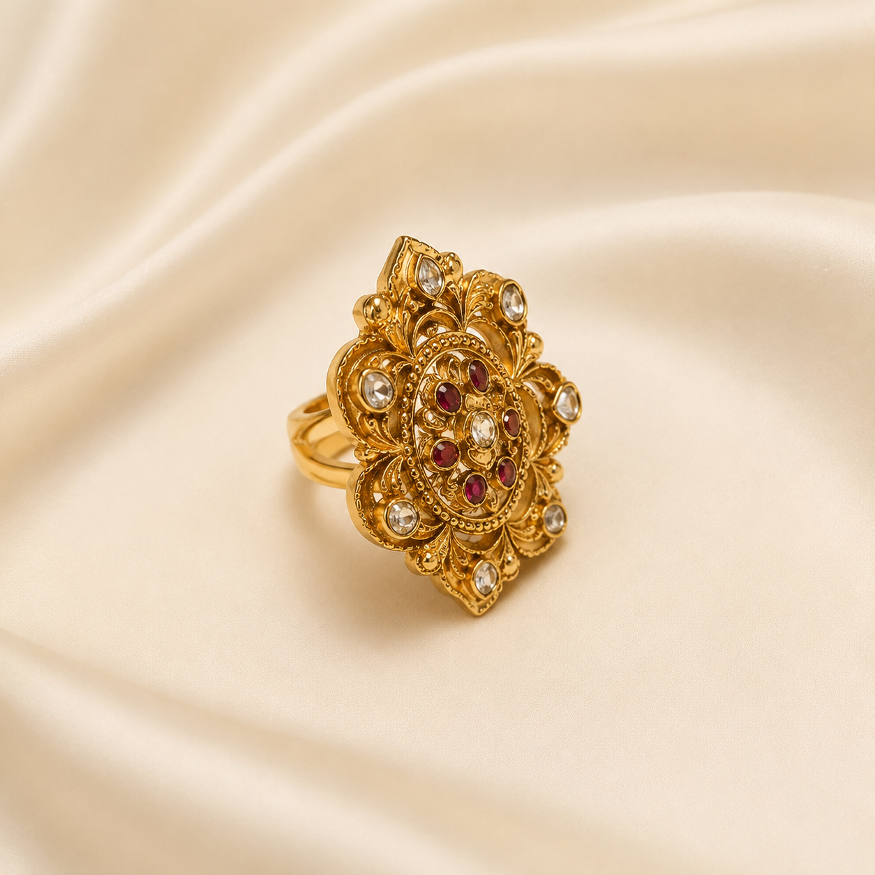 Antique Gold-Toned Floral Filigree Statement Ring with Ruby &amp; Clear Stones
