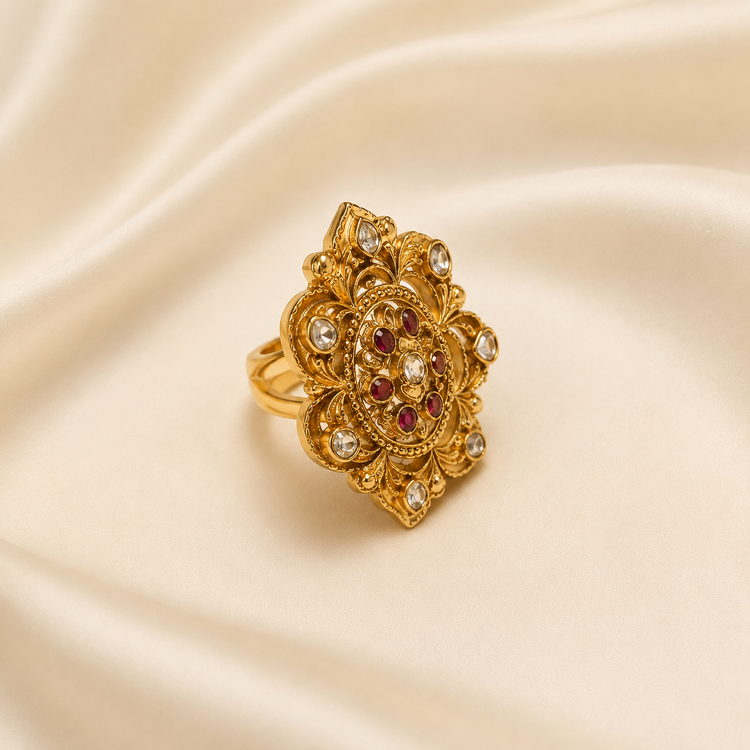 Antique Floral Filigree Statement Ring with Ruby &amp; Clear Stones