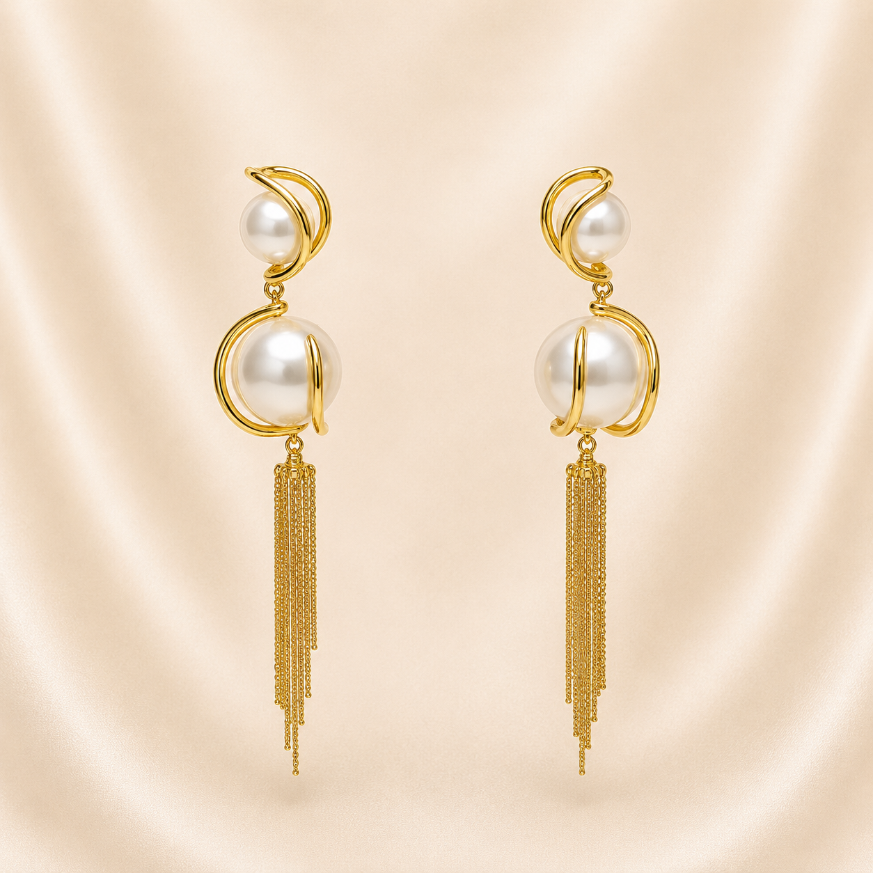 Modern High-Polish Gold Caged Pearl Drop Earrings with Chain Tassels