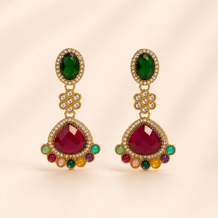 Regal Gold-Toned Emerald, Ruby &amp; Multi-Stone Statement Drop Earrings