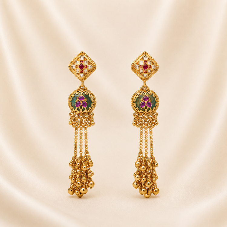 Regal Antique Gold-Toned Goddess Lakshmi Temple Earrings with Emerald-Green Drops &amp; Pearls