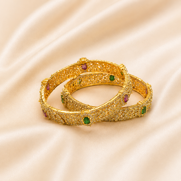Exquisite Filigree Bangles with Clear, Ruby &amp; Emerald Stones (Set of 2)
