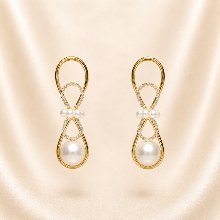 Contemporary High-Polish Infinity Loop Earrings with Pave Crystals &amp; Statement Pearls