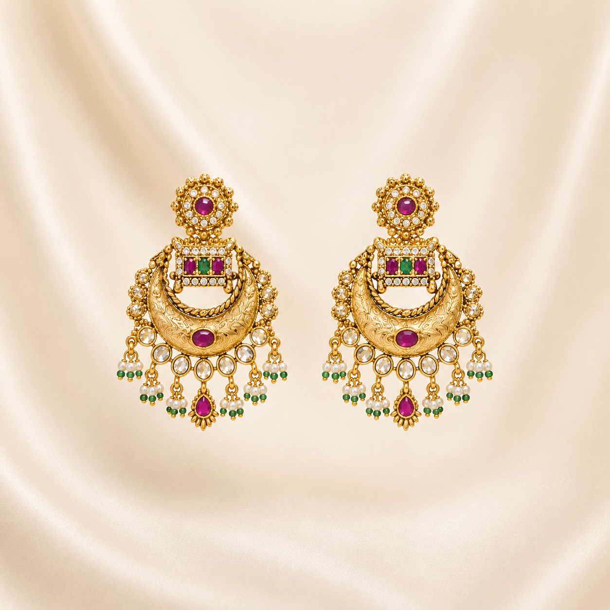 Traditional Antique Gold-Toned Chandbali Earrings with Ruby, Emerald &amp; Pearl Accents