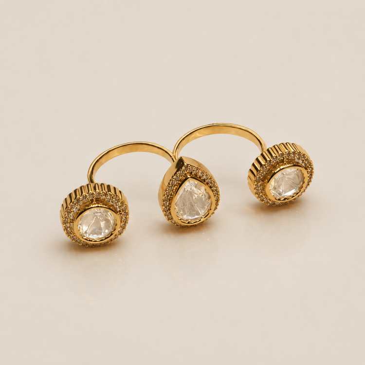 Contemporary Gold-Toned Double Finger Statement Ring with Halo Crystals