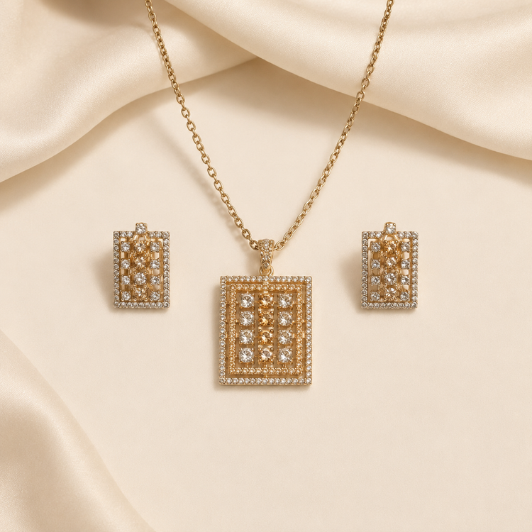 Luxury Gold-Toned Geometric Pave Crystal Pendant &amp; Earrings Set