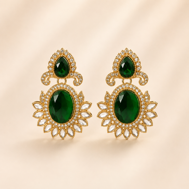 Regal Emerald-Green &amp; Pave Crystal Statement Chandelier Earrings