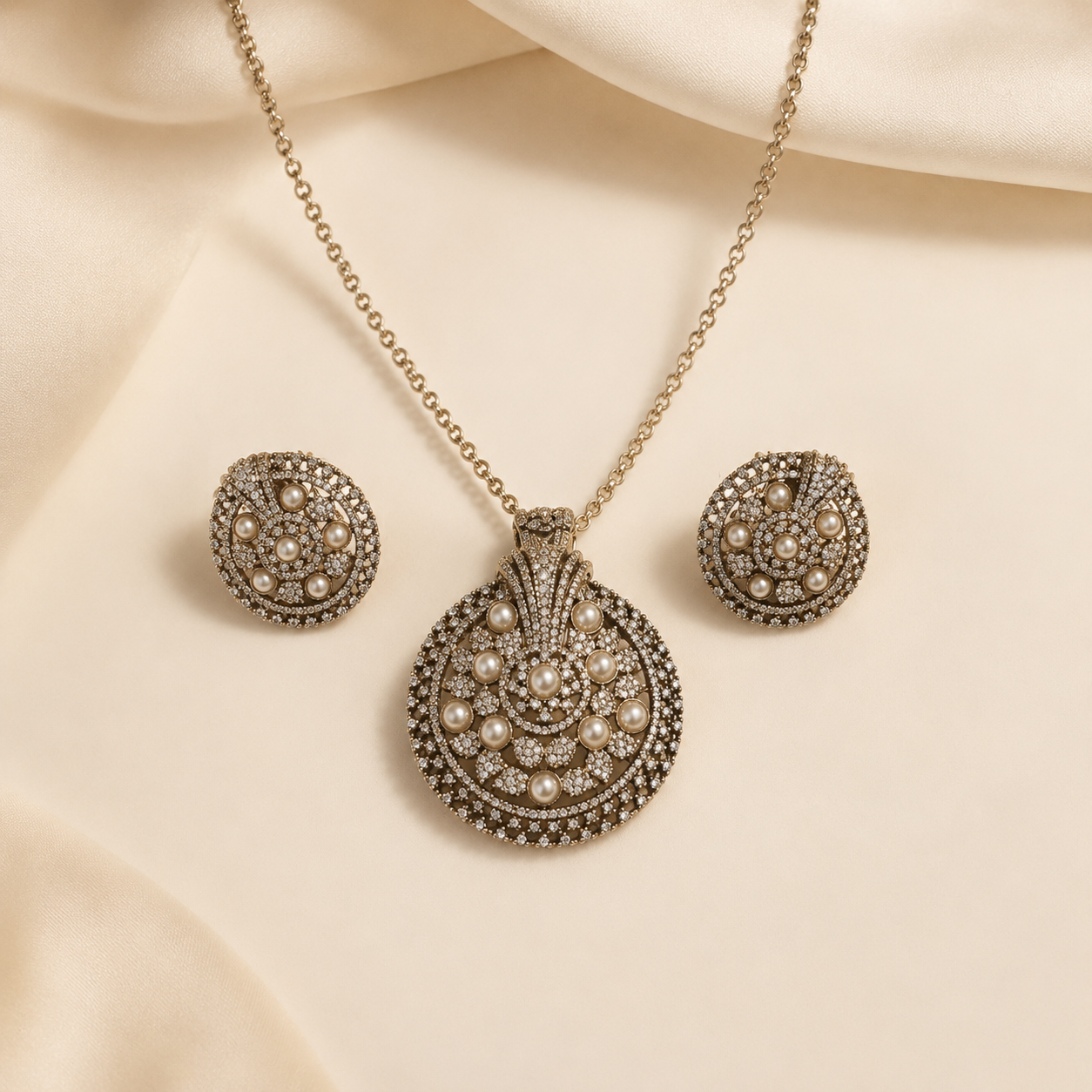 Antique Gold-Toned Pave Crystal &amp; Pearl Circular Pendant Necklace Set