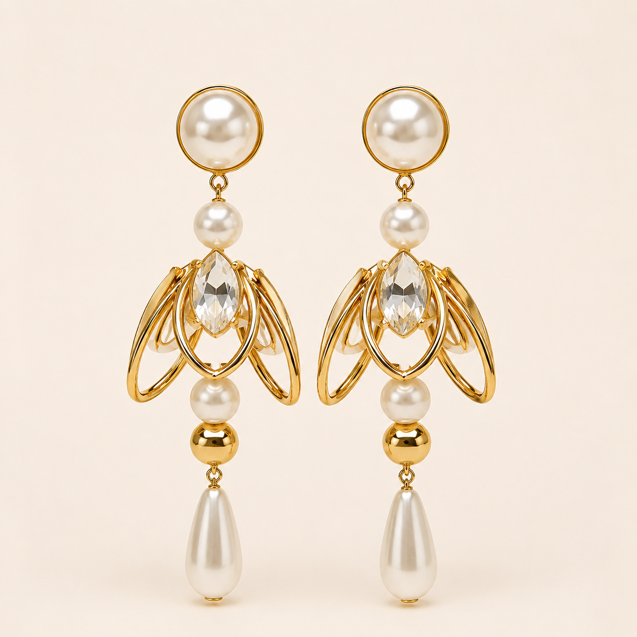 Royal Pearl Crystal Gold Drop Earrings