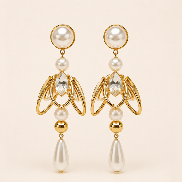 Royal Pearl Crystal Gold Drop Earrings