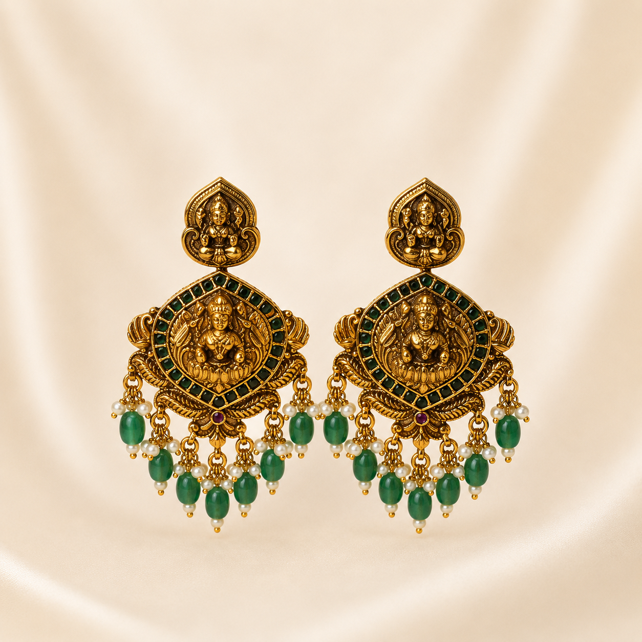 Regal Antique Gold-Toned Goddess Lakshmi Temple Earrings with Emerald-Green Drops &amp; Pearls
