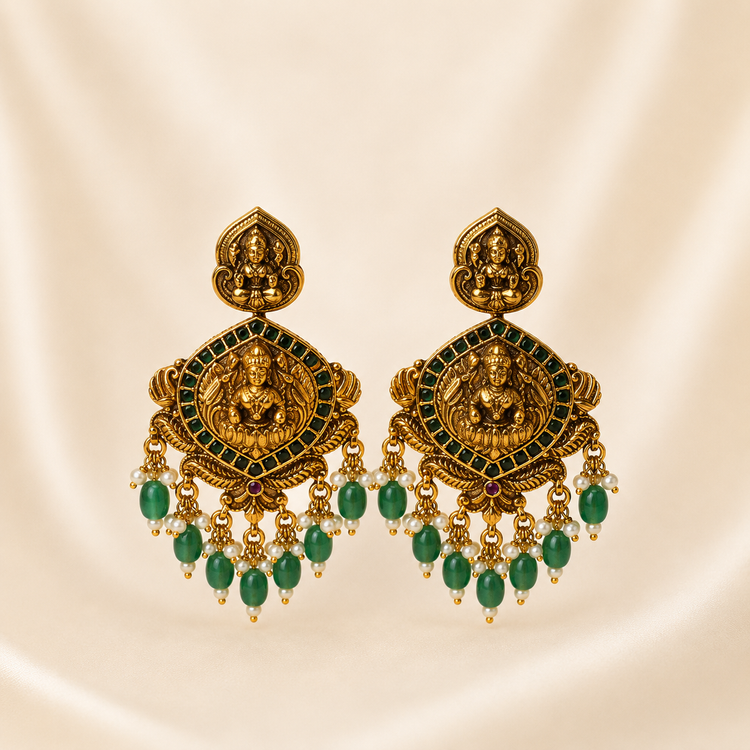 Regal Antique Goddess Lakshmi Temple Earrings with Emerald-Green Drops &amp; Pearls